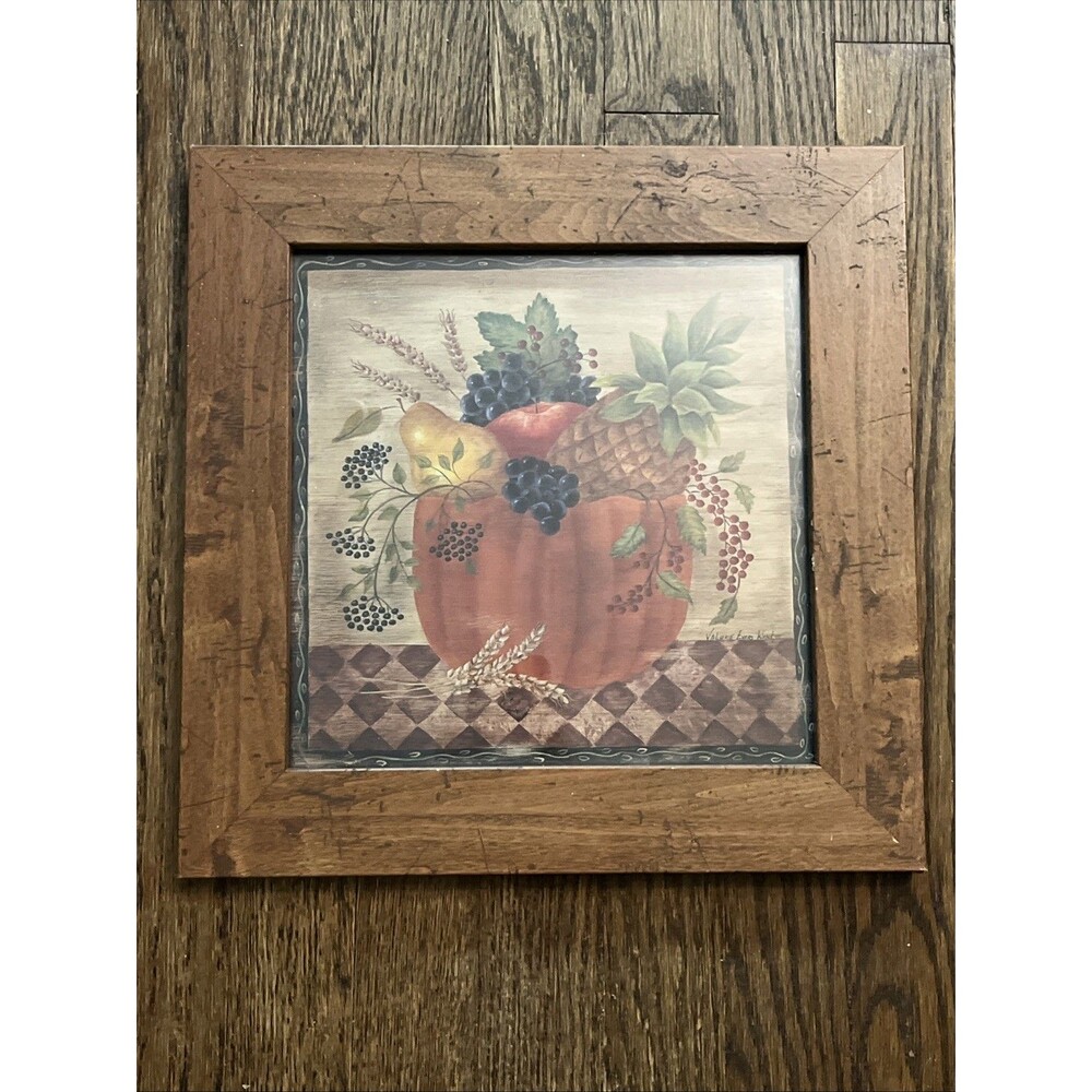 Valorie Evers Wenk Primitive Fruit in Pumpkin Framed Wood Art Folk Vtg Country